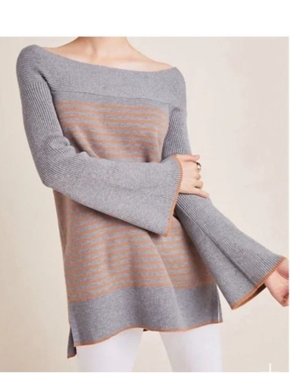 Anthropology Elise stubbed off Shoulder Tunic Sweater in Gray Arab stripe